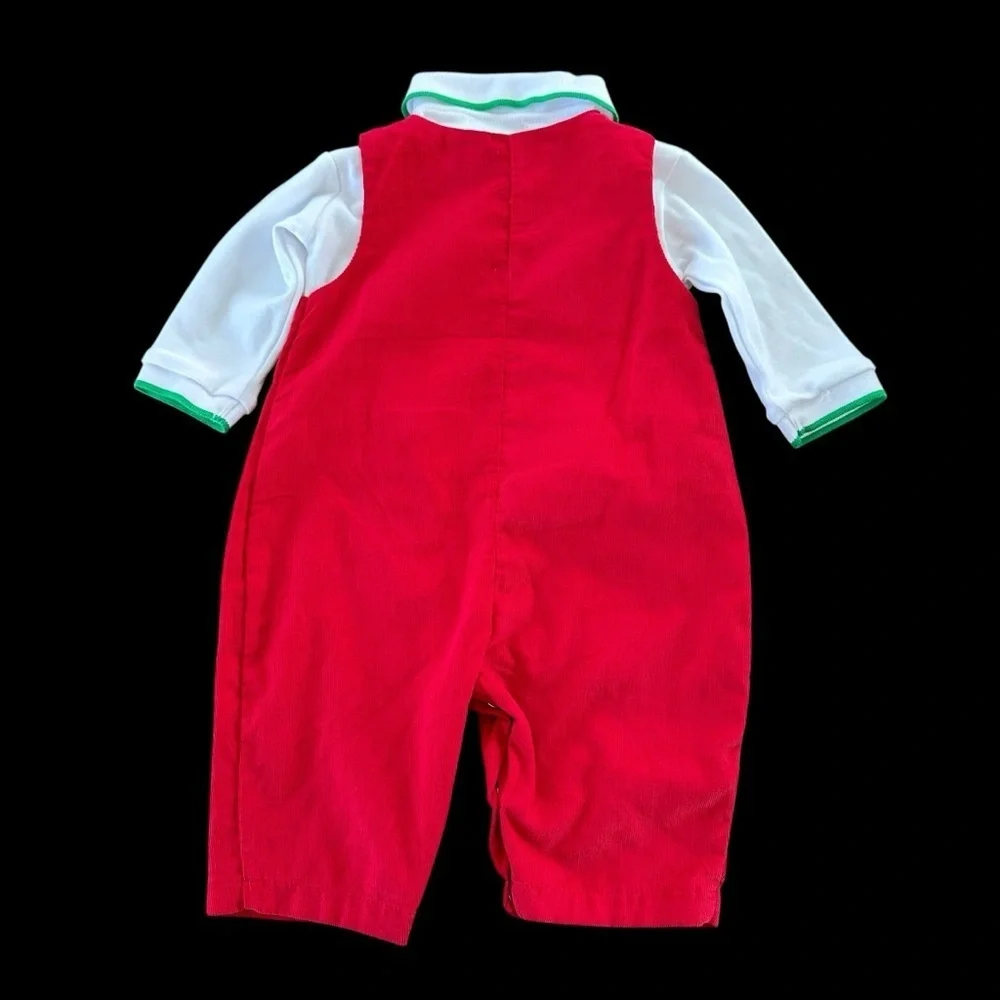 NWT Petit Ami size 6 months Baby Boys Red Corduroy Reindeer Overall Set 2 Piece‎
